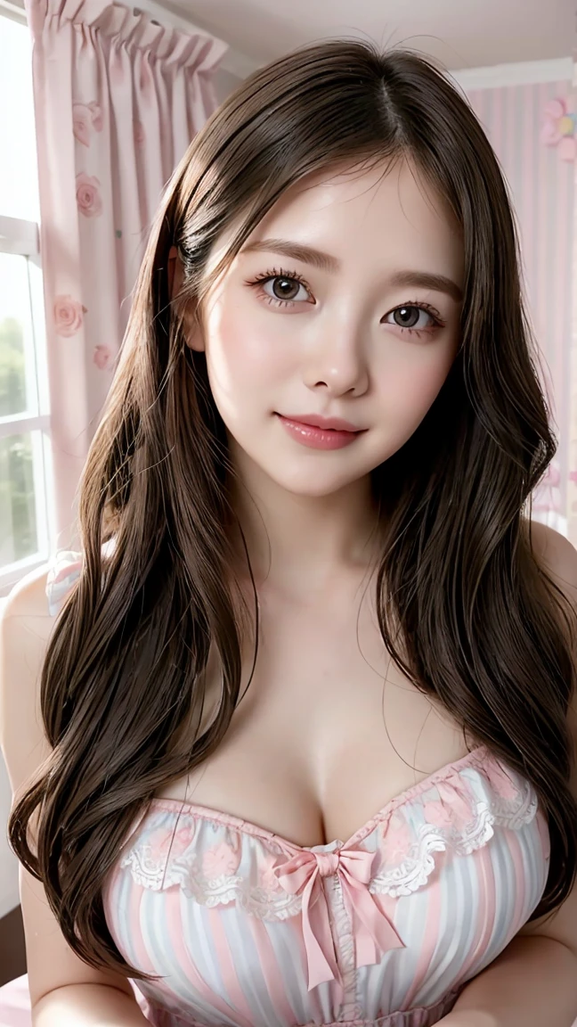 (Masterpiece, BestQuality:1.3), (ultra detailed:1.2), (hyperrealistic:1.3), (RAW photo:1.2),High detail RAW color photo, professional photograph, (Photorealistic:1.4), (realistic:1.4), ,professional lighting, (japanese), beautiful face, (realistic face), cute woman, (Brown Hair, Big Tits:1.2), (cheerful Smile:1.5), Trending Hair&Trending Hairカラーをランダムに, earrings, necklace, bracelet, sexly, erotic sexly, Random sexy gravure poses, (A beautiful woman wearing pastel pink lingerie、Smiling in bed surrounded by flowers。Silk ribbons tied in her hair。:1.3)