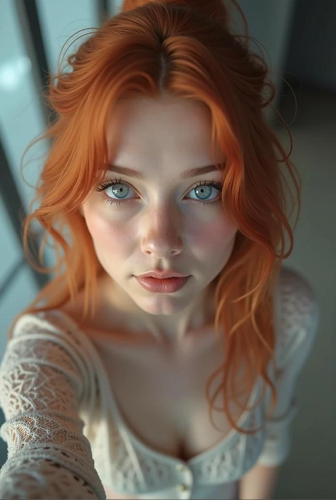instagram picture, Close-up headshot of the most beautiful redheaded woman you know, nya, Fission, pale skin, (sorrido:0.4), hard shadows, best qualityer, work-πrhyme, ultra high resolution, (photorealestic:1.4), Foto RAW, 1girls, ((nya)), ((large breasted)), cool light, big booty, NSFW, posing on bed, girl, Showing legs, Temari,