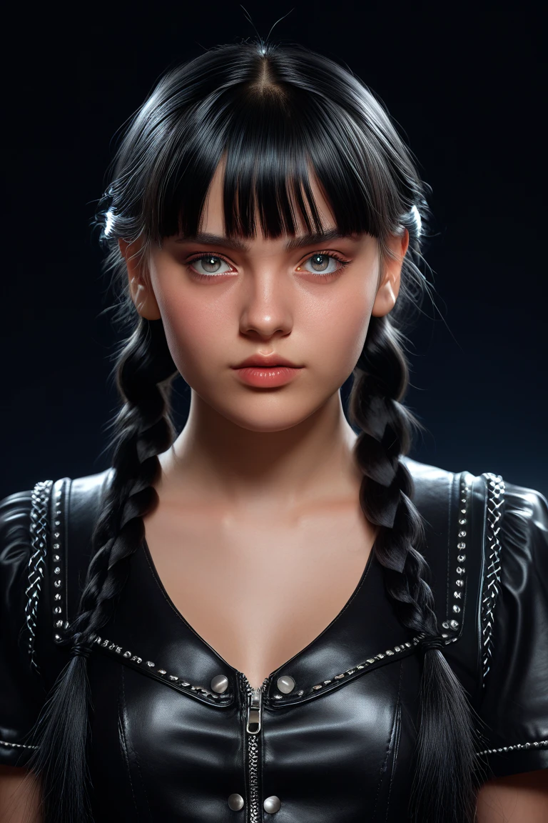 
((RAW-Foto), absurd, (absurd resolution)), Meisterwerk, best quality, (Extremely detailed 8k Unity CG wallpaper), (beste Illustration), (best shade), realistic lighting, beautiful detailed glow, ((21 years old)), girl, long black hair with two braids and bangs, black lacquer and leather clothes