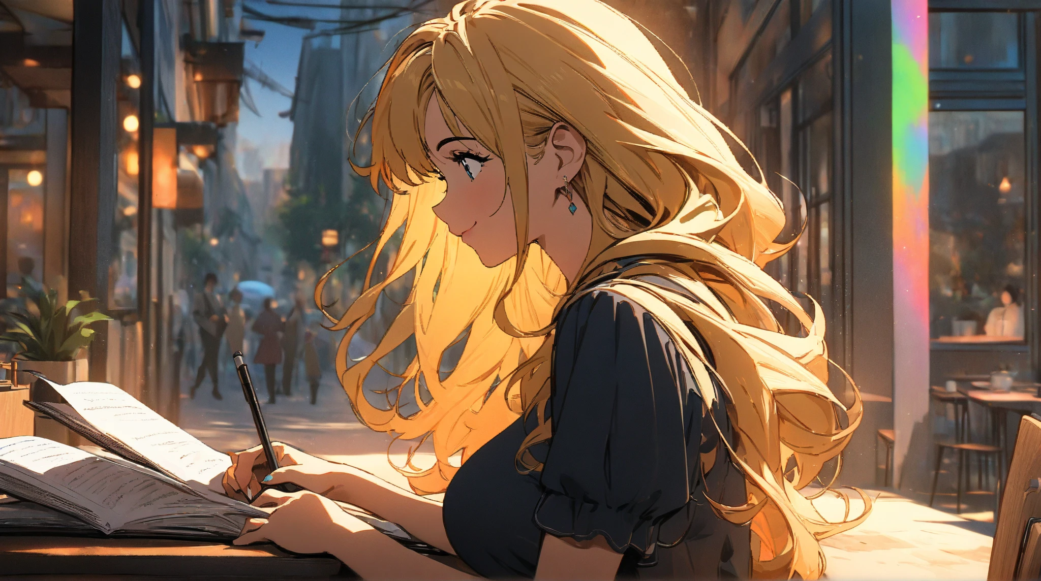 (masterpiece:1.4), (are of the highest quality:1.4), (high resolution:1.4),  Ghibli style,girl, smile, Looking out from a cafe in the city, neat clothes, long hair, Beautiful profile,  Big Breasts, golden hair, I have my elbow on my desk,  Studying at a desk ,colorful, high contrast 
