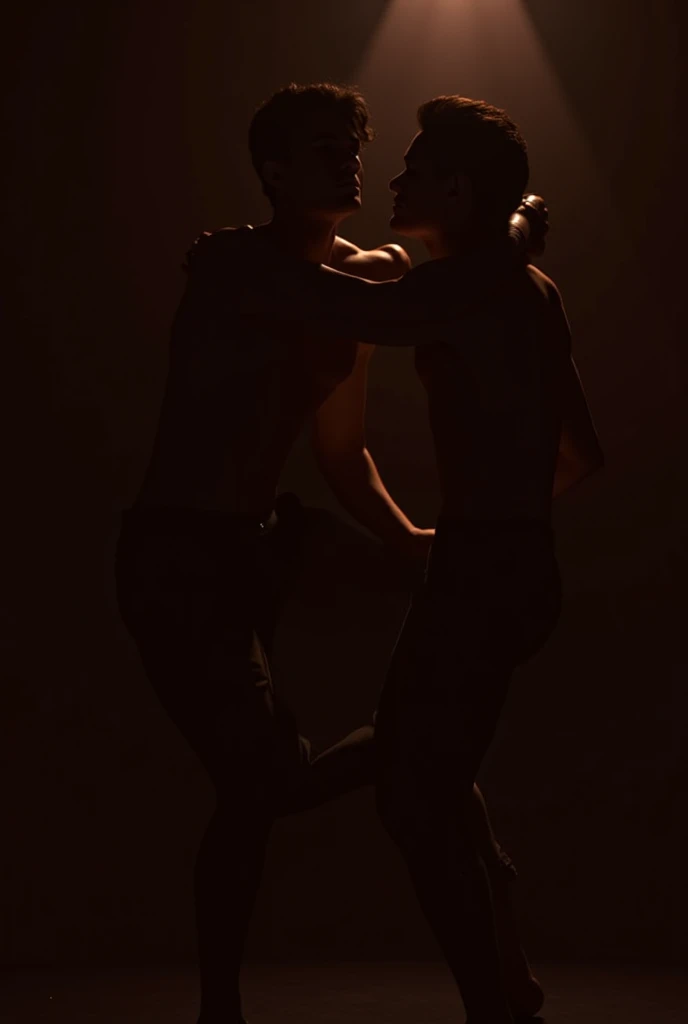 Two handsome slim shirtless men in black pants against the wall, one raising his arms up, the other touching the wall, dancing against the wall, wanting to kiss