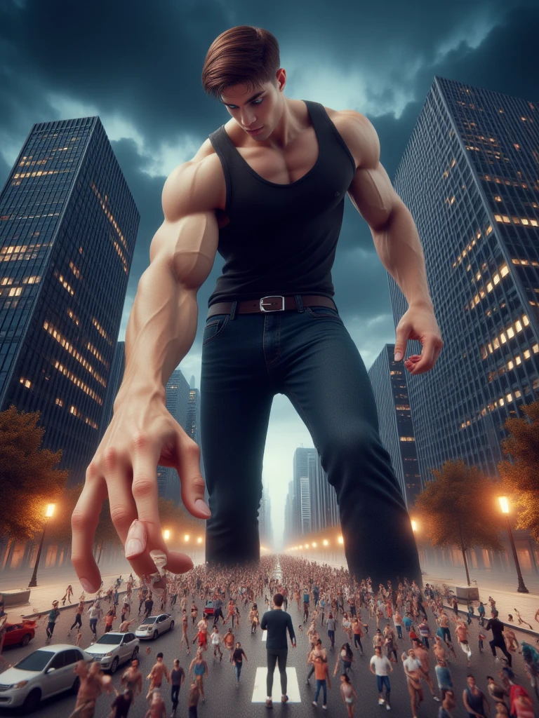 create a book cover with the following information: In the foreground, em escala reduzida. a boy with dark, straight hair is in the center of the image holding a blue-bladed sword wearing casual clothes, on her left side a woman with blond hair tied in a braid and holding a gun, on the right side a muscular blond with his hands surrounded by a kind of blue fire. above the boys, 13 abandoned tower blocks are shrouded in soft purple smoke. above the buildings a giant man with his arms wrapped around the 13 towers looks down at the 3 young men described above with an evil smile