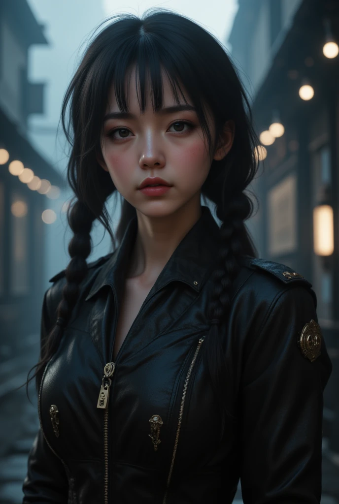 
((RAW-Foto), absurd, (absurd resolution)), Meisterwerk, best quality, (Extremely detailed 8k Unity CG wallpaper), (beste Illustration), (best shade), realistic lighting, beautiful detailed glow, ((21 years old)),asian girl, long black hair with two braids and bangs, black lacquer and leather clothes