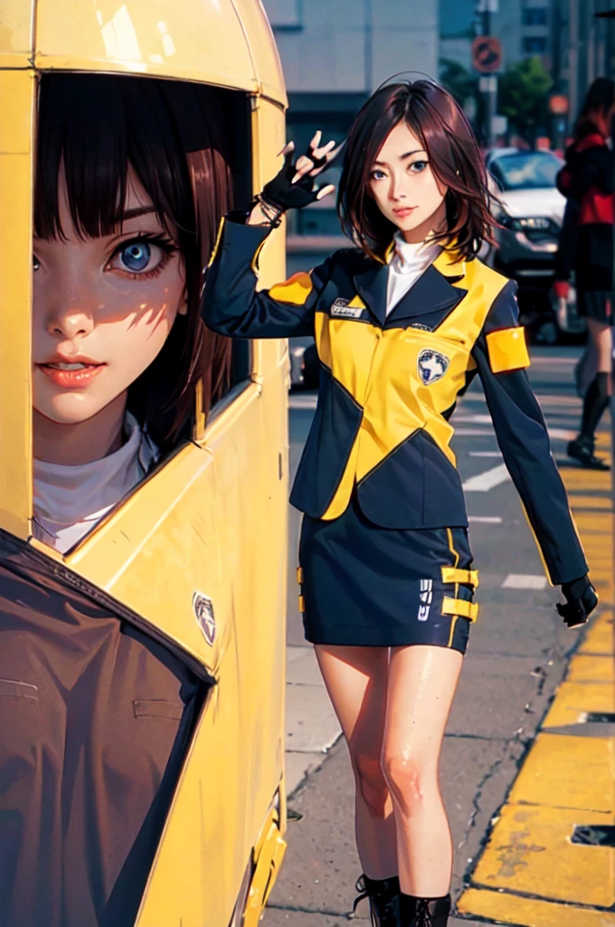 Jasmine Deca , fingerless gloves,bracelet,short hair, long sleeve,jacket,pencil skirt,boots,uniform, skirt, brown eyes in the oral vagina, gloves, (High Quality, breathtakingly beautiful),(expressive eyes, perfect face), ((sexy lips)), female,  brown hair,  , Blue Eyed, kind smile, medium hair,  side bangs ,  Elegant, soft makeup,big , analog photography  (female:1)