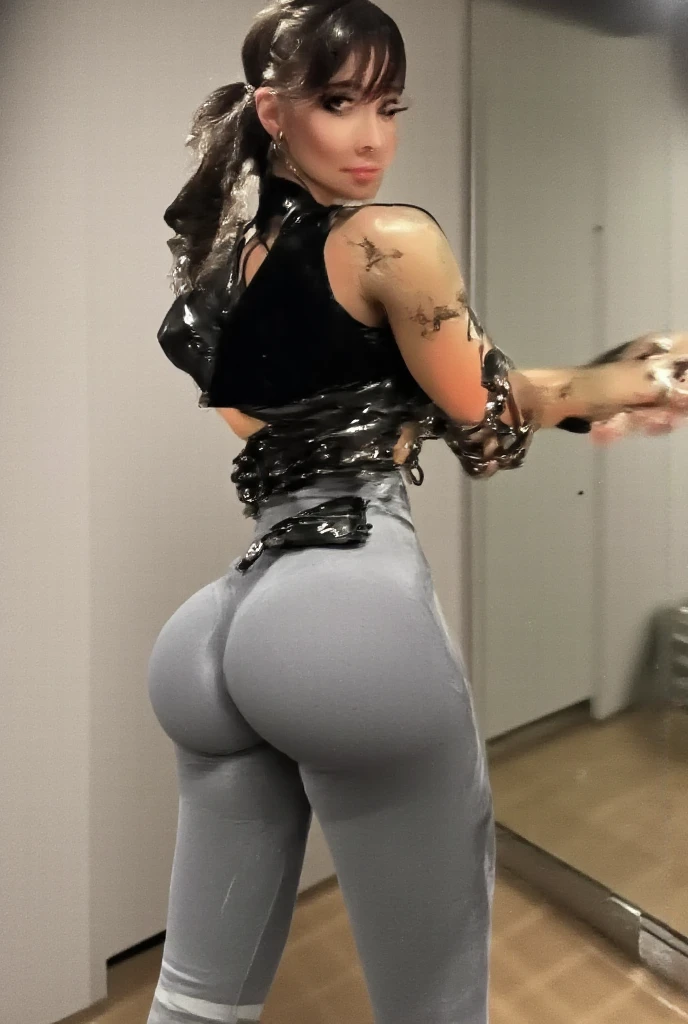 POV: Riley Reid (((slim body with huge booty))), ((small waist)), ((wide hips)), ((skinny)), (slim thick), (thick body), 8K, wearing tight tights, (full body photo), retro-iluminated, cyberpunk environment