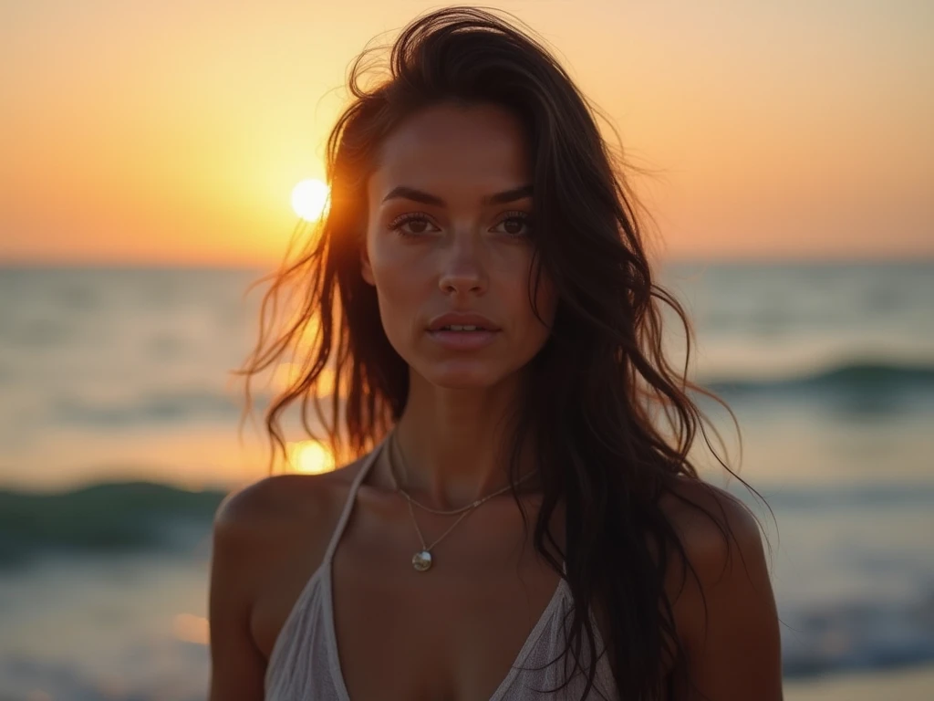 influencer model with gorgeous body with dark brown hair in a dress walking on a beach in the sunset closeup of her face, natural makeup face like Sydney Sweeney