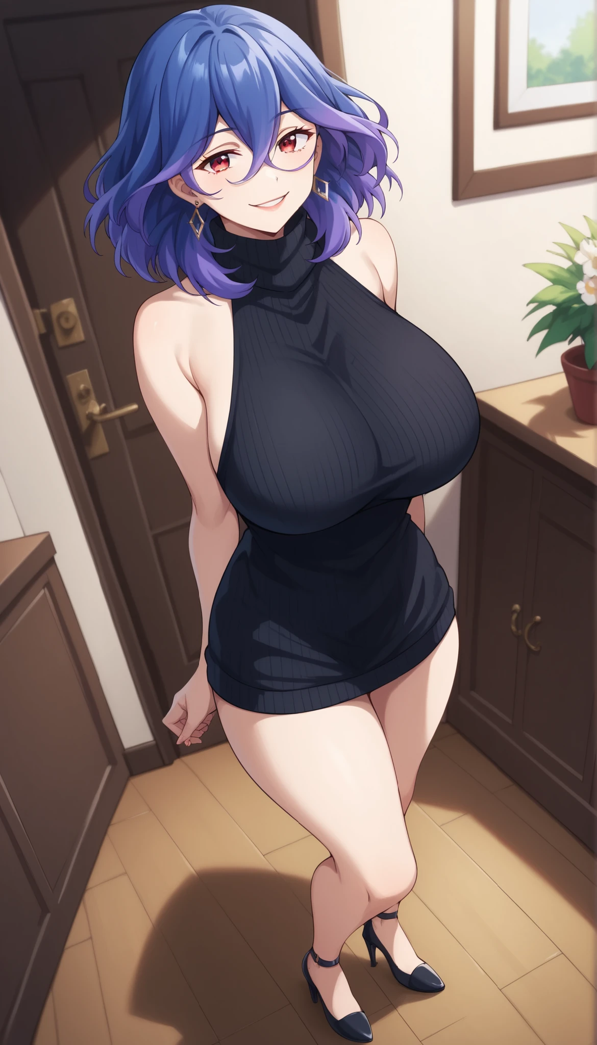 score_9, score_8_up, score_7_up, score_6_up, score_5_up, score_4_up
vermeil, vermeil, red eyes, hair between eyes, blue hair, purple hair, multicolored hair, medium hair,
sweater, bare shoulders, sleeveless, turtleneck, black sweater, thighs,
indoors , smile,
looking at viewer, 1girl solo, ,,,,,,, earrings big breasts huge breasts , locking at viewer, standing , high heels