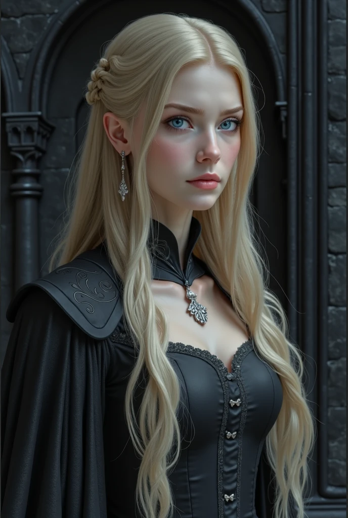 blond woman with blue eyes in a black dress and a black cape, hyperrealistic fantasy art, detailed matte fantasy portrait, elegant cinematic fantasy art, hyperdetailed fantasy character, dark fantasy mixed with realism, realistic fantasy render, realistic fantasy artwork, portrait of an elf queen, stunning character art, blonde elvish empress, fantasy art portrait, blonde - haired princess, fantasy character portrait, long blonde hair, braided hairstyle, elegant black dress, lace-up detail, intricate embroidery, silver ornate necklace, silver earrings, smooth fair skin, indoor setting, dark stone architectural background, medieval or fantasy theme, soft diffused lighting, mysterious and regal atmosphere, front view, shallow depth of field, focused on subject, blurred background