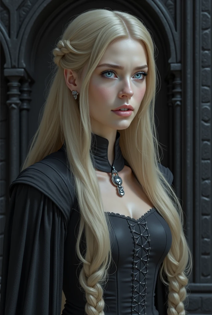 blond woman with blue eyes in a black dress and a black cape, hyperrealistic fantasy art, detailed matte fantasy portrait, elegant cinematic fantasy art, hyperdetailed fantasy character, dark fantasy mixed with realism, realistic fantasy render, realistic fantasy artwork, portrait of an elf queen, stunning character art, blonde elvish empress, fantasy art portrait, blonde - haired princess, fantasy character portrait, long blonde hair, braided hairstyle, elegant black dress, lace-up detail, intricate embroidery, silver ornate necklace, silver earrings, smooth fair skin, indoor setting, dark stone architectural background, medieval or fantasy theme, soft diffused lighting, mysterious and regal atmosphere, front view, shallow depth of field, focused on subject, blurred background