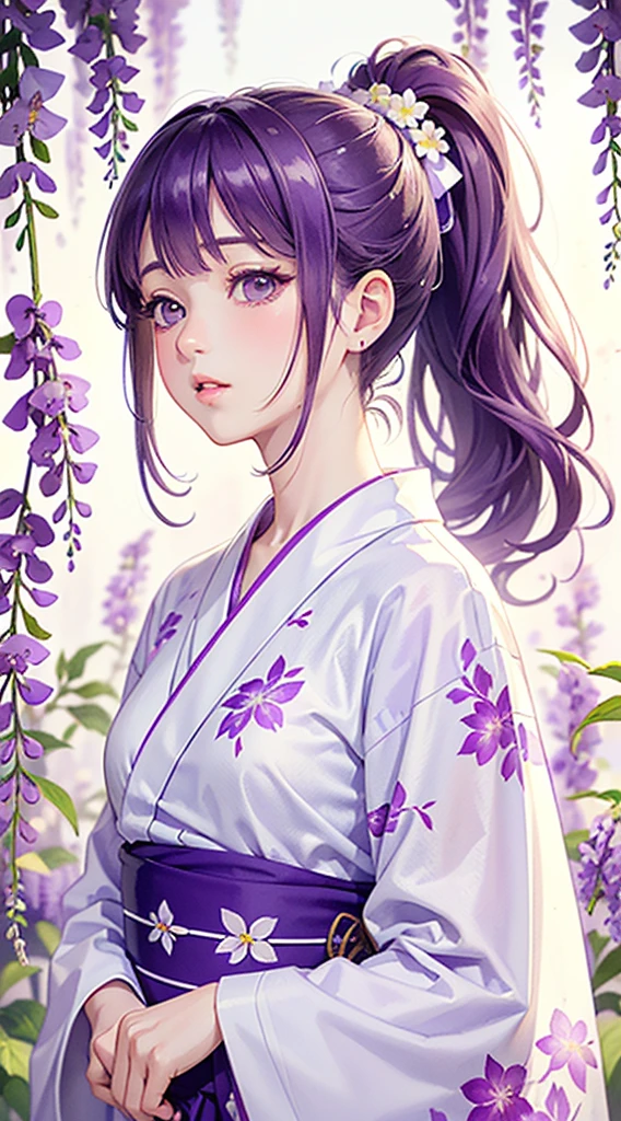 absurd, high resolution, very detailed,(masterpiece:1.2),(Top Quality:1.2),watercolor style,(one girl:1.3),(Lots of wisteria flowers),(white and purple yukata ),(ponytail),(look up),soft blending,dreamy wash,delicate texture