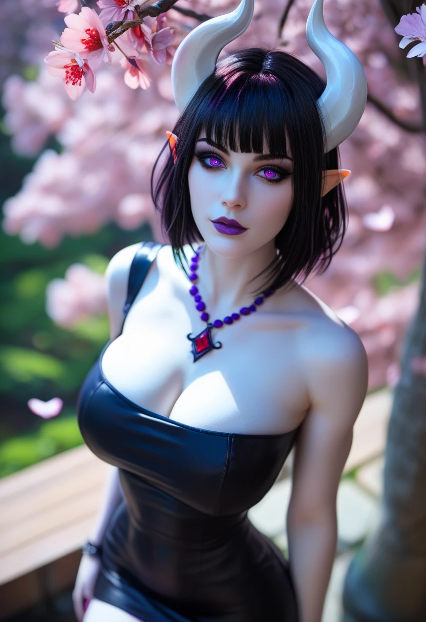 Eliza From Tekken, sensual gothic dress, forest in the background with a dimly lit cabin between the trees
