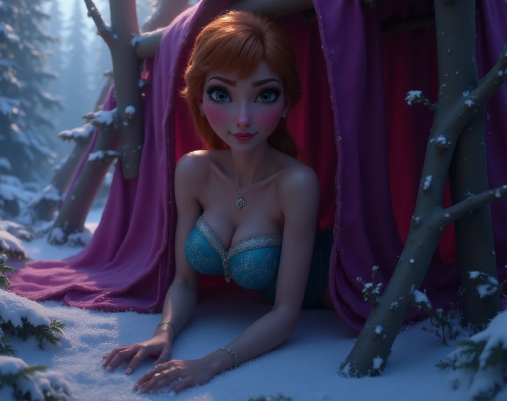 8k, high definition, action, dramatic, detailed, realistic, (from above view),(best quality, masterpiece:1.2), NSFW, photon mapping, radiosity, physically-based rendering, best quality, highly detailed, ((anna is standing)),crying:1.2,screaming:1.3, (((thong microbikini))), scared, freezing, lost in the dark forest, snow, blizzard