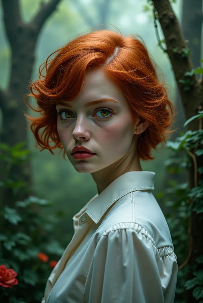 Short wavy redhead  looking forward serious amber eyes  , White blouse , fantasy forest  ren Pre- 