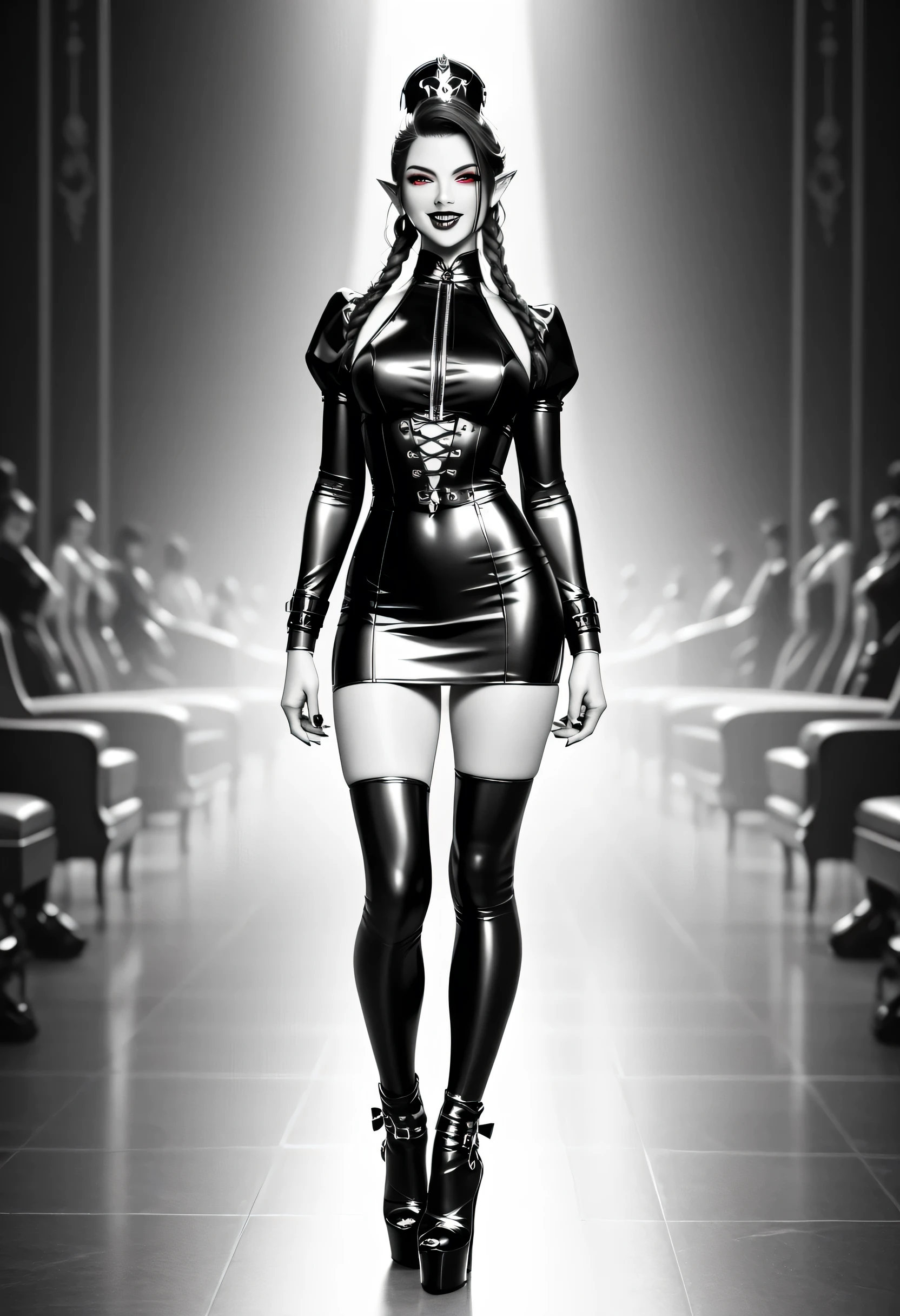 score_9, score_8_up, score_7_up, (masterpiece , UHD , 8K , 16K , ultra detailed) goth black and white anime full body portrait  (only colors red and black, pink: 1.4), a picture of a 1 solo goth elf dominatrix queen , best detailed face, small elf ears, long braided hair, hair pulled back, red eyes, small pointed ears wearing latex pink mini dress, stockings, high heels, modern bedroom background, (black and white art: 1.5) mostly black and white, best details, best quality, 16k, masterpiece, best quality, (extremely detailed), ultra wide shot, photorealism, (only colors red and black), vampyfangs1, fantasy, Cinematic Shot, d4f4b