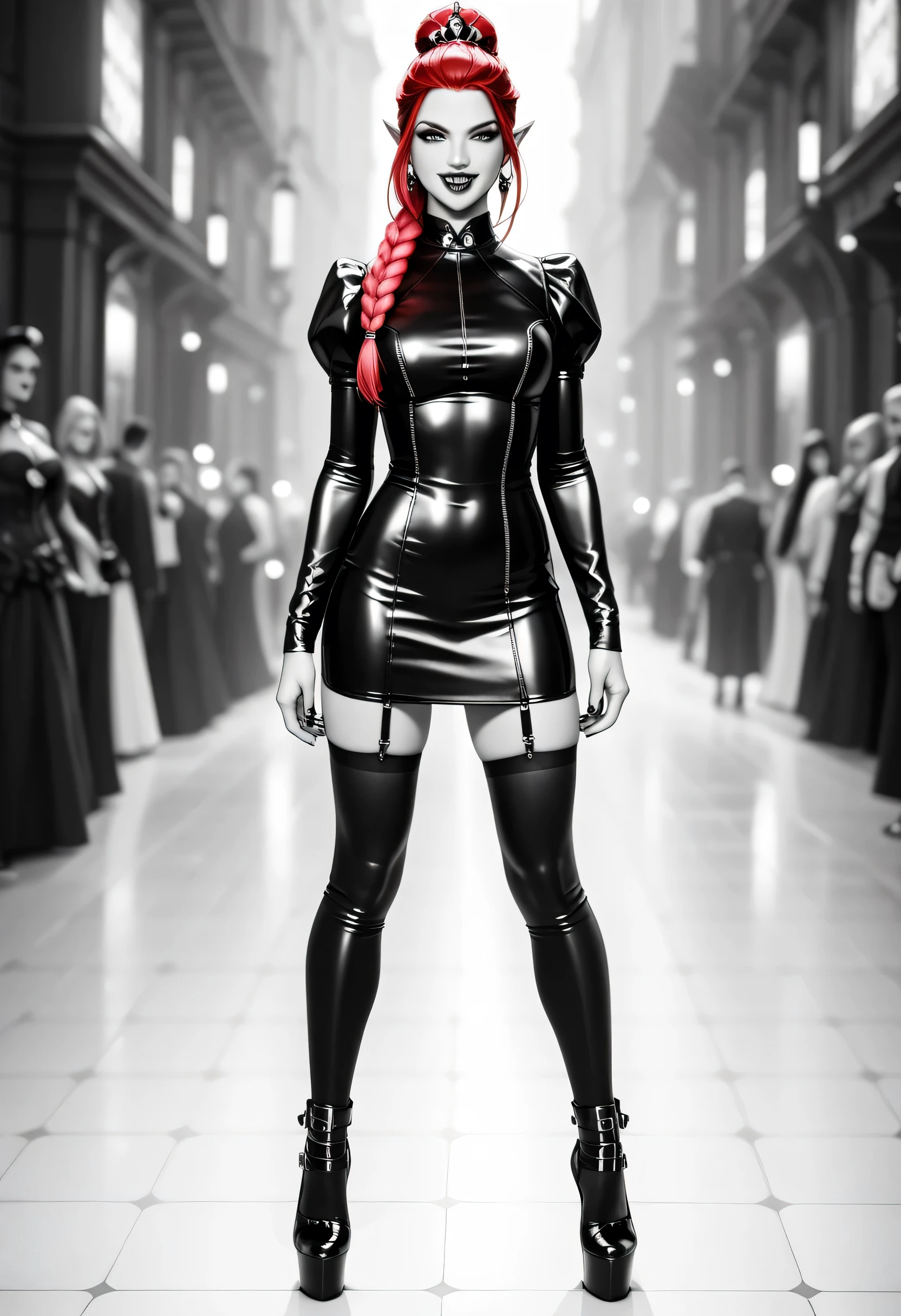 score_9, score_8_up, score_7_up, (masterpiece , UHD , 8K , 16K , ultra detailed) goth black and white anime full body portrait  (only colors red and black, pink: 1.4), a picture of a 1 solo goth elf dominatrix queen , best detailed face, small elf ears, long braided hair, hair pulled back, red eyes, small pointed ears wearing latex pink mini dress, stockings, high heels, modern bedroom background, (black and white art: 1.5) mostly black and white, best details, best quality, 16k, masterpiece, best quality, (extremely detailed), ultra wide shot, photorealism, (only colors red and black), vampyfangs1, fantasy, Cinematic Shot, d4f4b