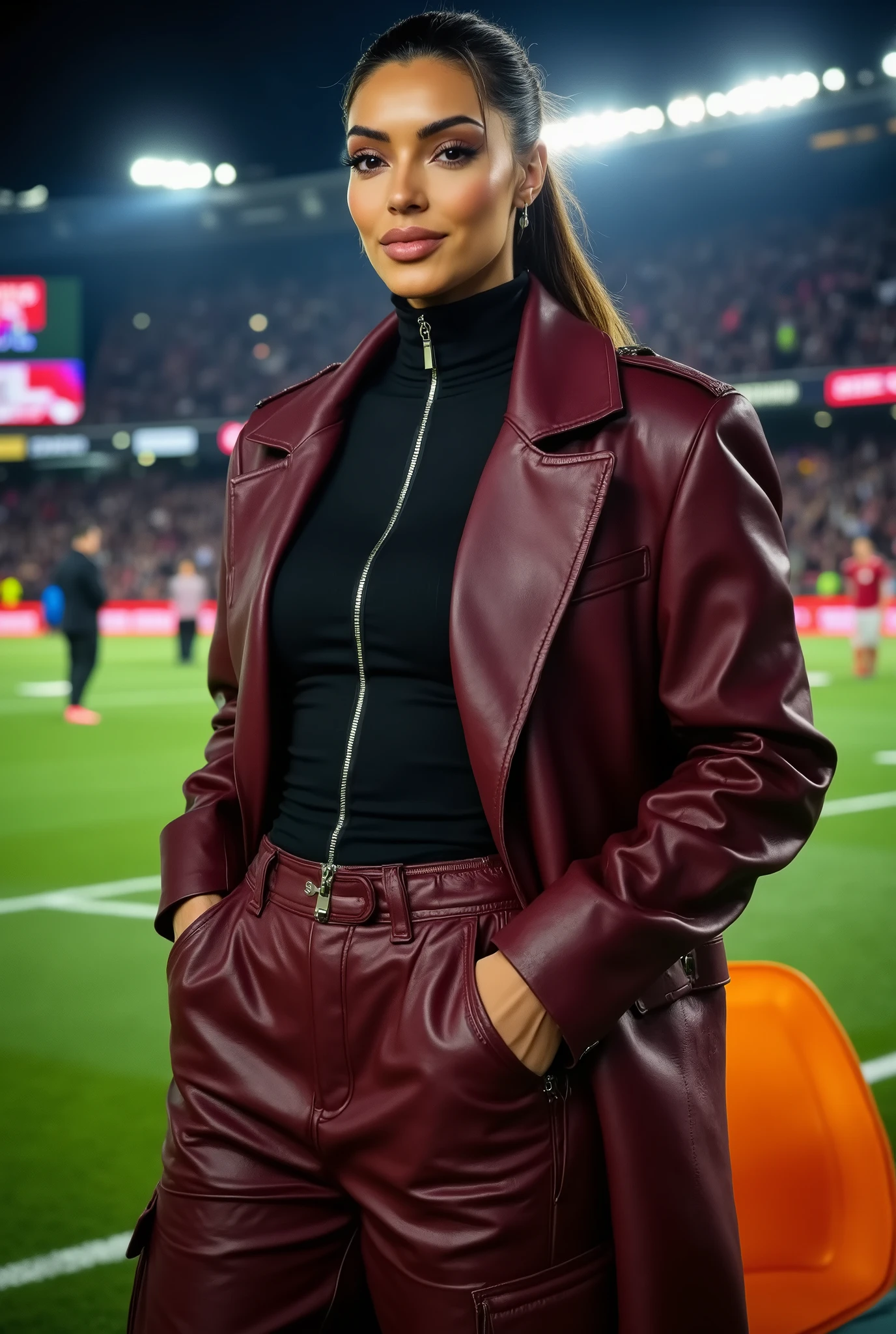 gorgeous woman as a soccer pundit, ponytail hair, wearing a wine red leather trench coat, a black turtleneck zipper top and wine red leather oversized baggy cargo pants with many pockets, belt, perfect body, on the sideline of a soccer field in a stadium during a Champions League game, Camp Nou, night, backlit glow, 