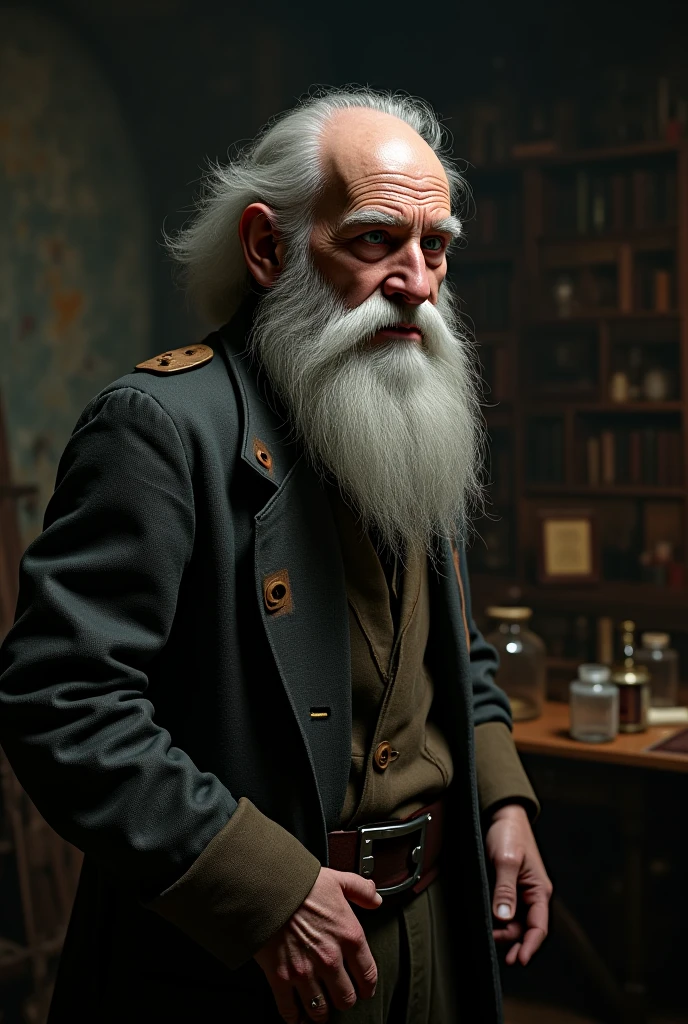 Create a 3d picture of an old doctor with a white beard who is sad