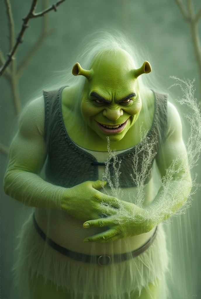 The Grinch is painted green、hairy pubic hair、beer belly、pear shaped、short nose humanoid，Has a cat-like face and a cynical personality,（Best quality at best），detailed back ground，Eastern Grinch，The Grinch，The art of fighting，with sword，Powerful power