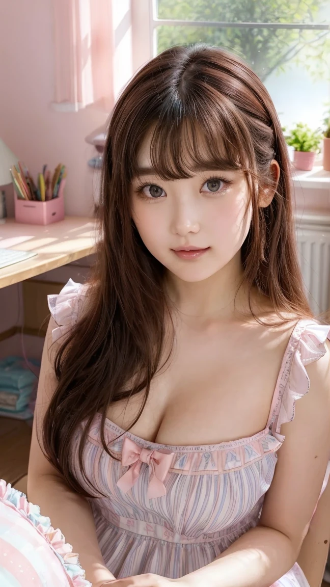 (One girl), Brown Hair, Great face and eyes, Pink Eyes, (Amazingly beautiful girl), Brown Hair, (Highest quality:1.4), (Very detailed), (Very detailed CG 統合 8k 壁紙), Very detailed, High resolution raw color photos, Professional photography, Depth of written boundary, messy hair、smile:1.1、Brown checked maid outfit、Headdress、Small breasts、cleavage 、Fine frillessy hair