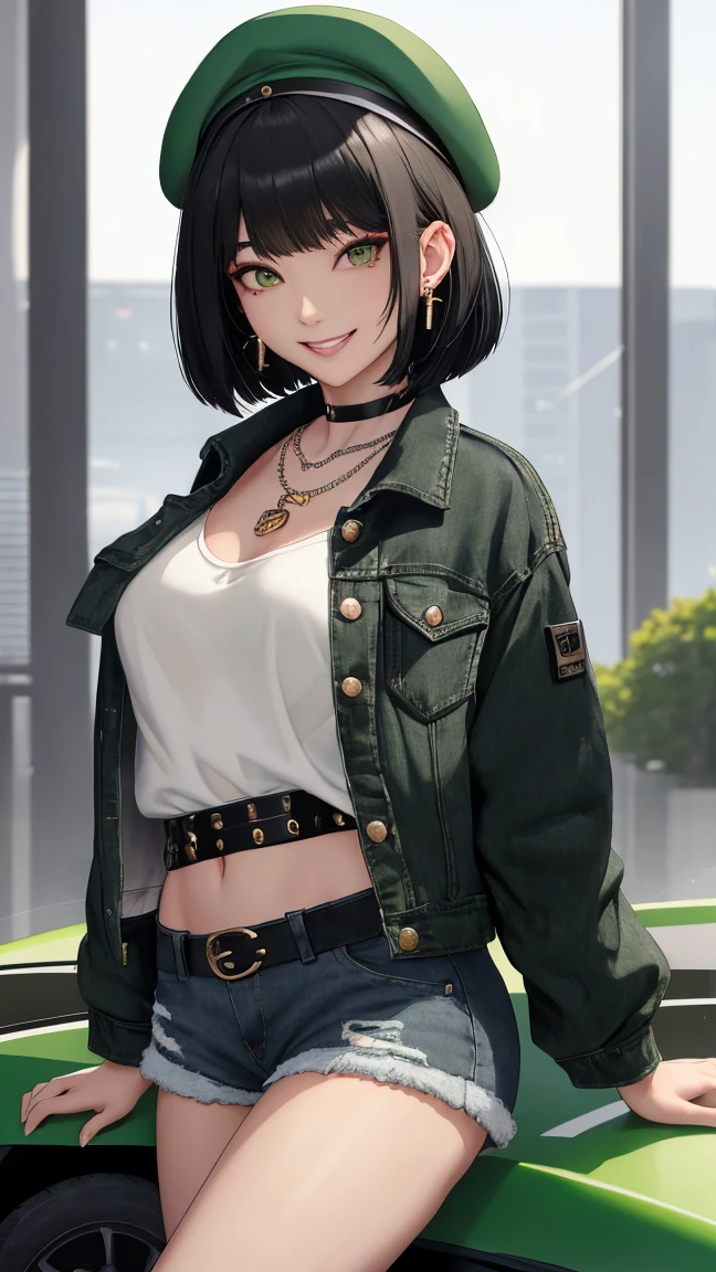 mature beautiful woman，breast，whey，Generous，Smile，earrings，Lipstick，Black short hair，Hairstyle without bangs，Green wool coat，Black long skirt，Wearing a white doctor&#39;s gown