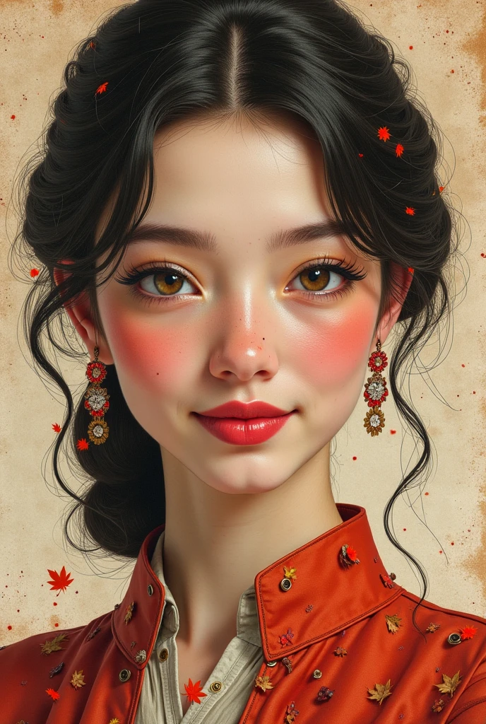 A beautiful smiling young woman with a detailed portrait, realistic lithograph of Charlie Bowater , elegant long sleeve autumn dress , flores, gears, dieselpunk, Colorful ribbons, Old paper texture , extremely detailed and high-quality face, beautiful detailed eyes, beautiful and detailed lips, long eyelashes, photorealistic, 8K, masterpiece, bright colors, studio lighting