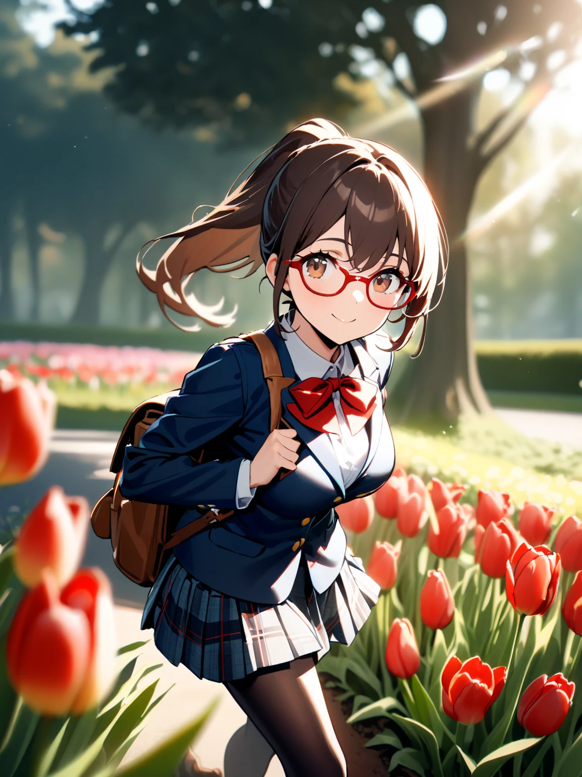 1girl, dark brown hair, ponytail, (red glasses), bright white highlights on glasses, (navy color school blazer), white school blouse, red ribbontie, plaid gray pleat skirt, black pantyhose, beautiful breasts, brown rucksack, smile, walking, relaxed pose, in park with Tulip flowerbed, morning sun, knee level shot, look at viewer, blurry background, lensflare, lensghost, natural lighting, subtle highlights and shadows, (high key:1.1)