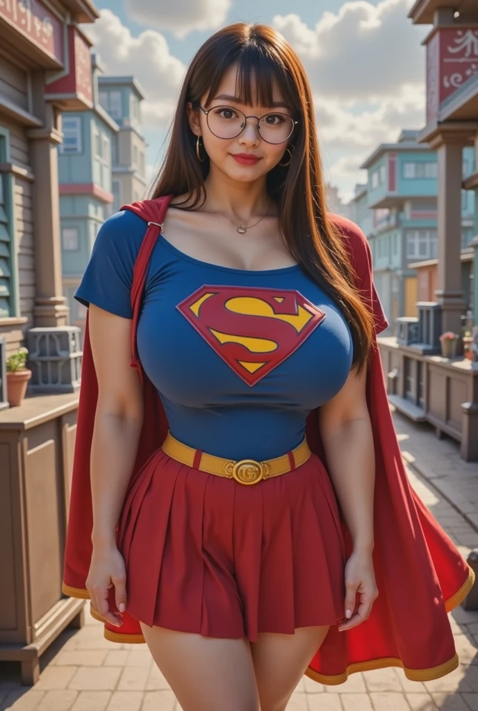 Random theme, random colour, random view, fantasy, SFW, SFW, Neon lights, focus glowing spex, Cinematic, natural beauty, very Huge , heavy thighs, full body, heavy woman, age 32, weight 80, Shining clothes, neon glow, multicolour, red, black, Glittering red, heavy voluptous lady, big , heavy hip, Masterpiece, 32K UHD, award-winning photos, extremely detailed, amazing, fine detail, the most beautiful and sexy Brazilian woman, highly detailed, smiling woman, long brown hair in a ponytail, glowing blue eyes, wearing highly detailed graphic tshirt skinny skirt and purse, extremely detailed eyes and face, glare eyes, super huge enormously gigantic breasts, cleavage showing, bare back, sensual,