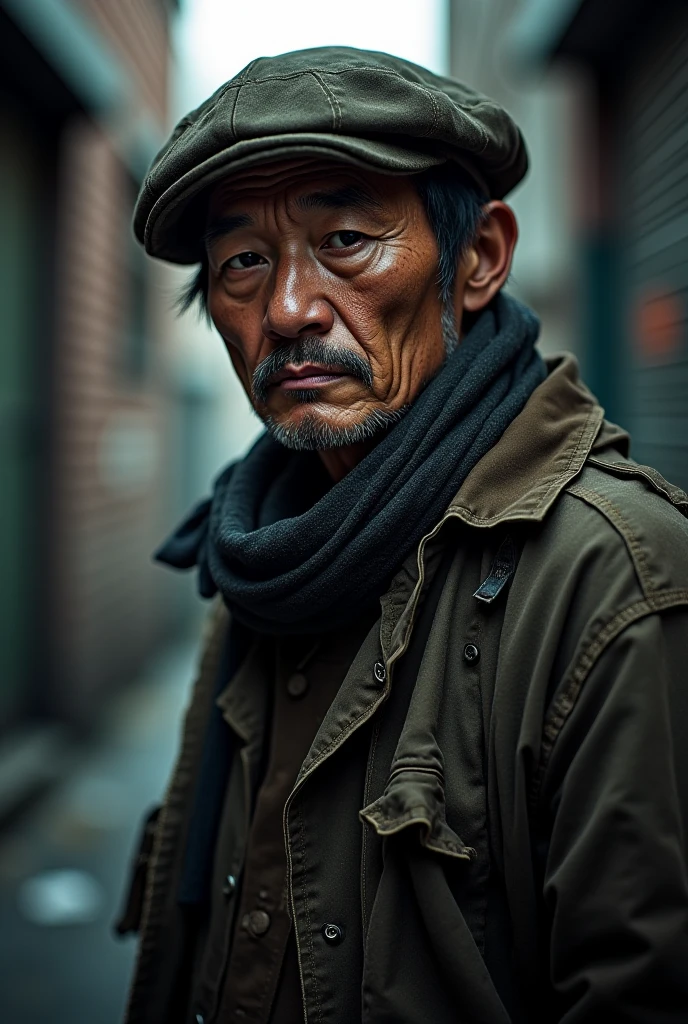 A realistic portrait of a homeless Korean man disguised but powerful as a war hero