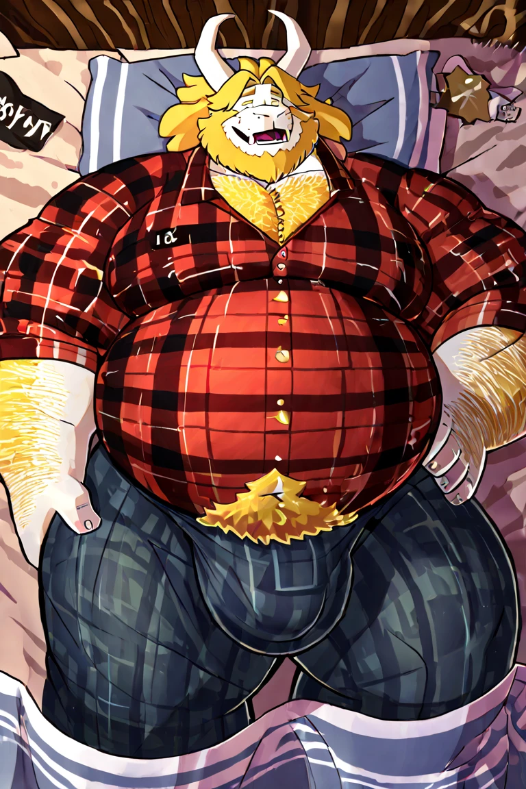furry character, pokemon Character, Pokémon, pokemon, Pokémon incineroar, anthropomorphic body, male character, loincloth, strong arms, huge bloated belly, eating ramen, covered in red fur as the original character, big atributes, a big cock bulge, piercing in the nipples, hanging belly full of food