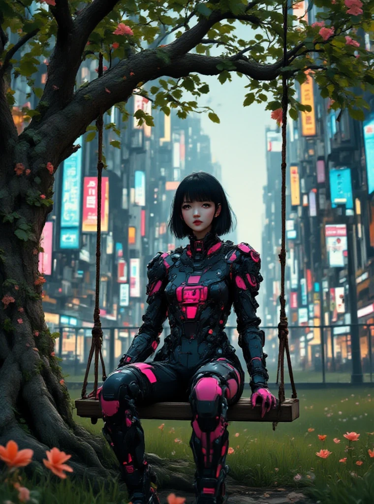 Young Chinese, 20 and some years, short black hair, wearing black and pink technological jumpsuit, Sitting on a wooden swing attached to a leafy tree, Lawn and few flowers wrapped, In the background a cyber city, com carros, ao ar livre, luzes lede neom, a metal fence separates the city from the place where the girl is,bottom view,left angle,enlarged image,