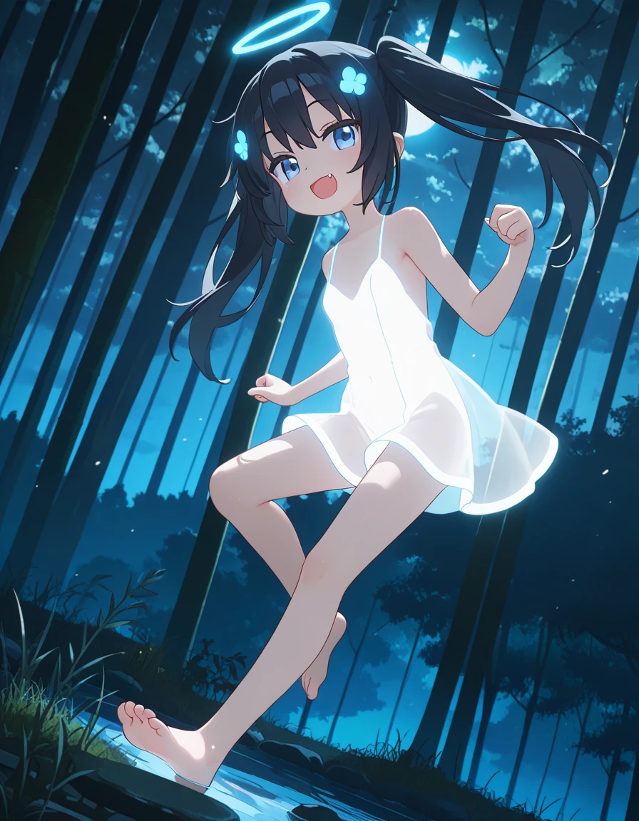 A close view of anime girl, ((((standing in a shallow river in a dark forest)))), (mostly naked), barefoot, cinematic light, skin is perfectly white, soft, and smooth, ((no nsfw)), Extremely delicate and beautiful CG illustration, small thigh, slim body, best quality, high resolution, dynamic angle, full-length lens, ((1 girl)), (detailed eyes), soft light, high-key lighting), glowing light, feathers fluttering background, blue crystal, ((blue glowing ring around her ankle)), (((wearing nothing but a white (transparent) tank top)))
