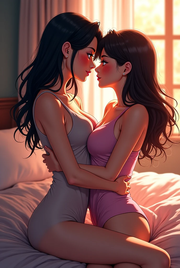 Two girls, yuri,(The first girl wear a pink tank top, black underpants, white socks) and (The second girl wore a grey tank top, black underpants, white socks), hugging, sensual body, closed eyes and smile, lying on the bed, bedroom, novel cartoon, 4K, HD