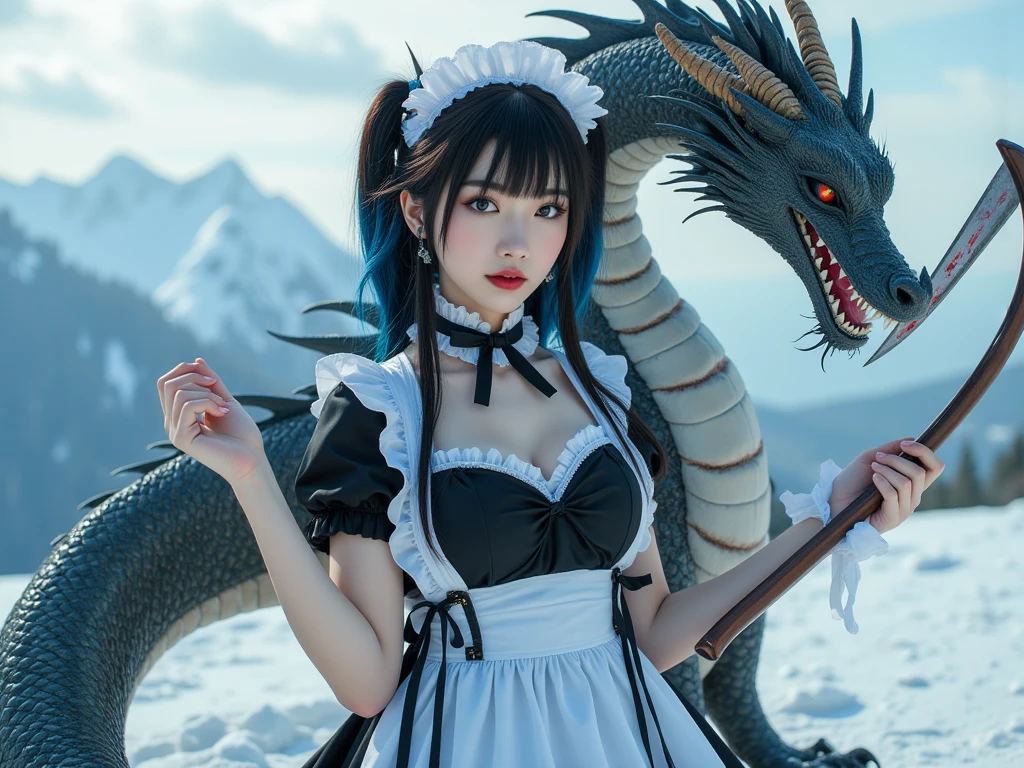 Black hair color、dragon background、gazing at viewer、Wearing a black dress、Pretty Woman、masutepiece、Best image、Gorgeous hairstyle、Red Eyes、Wearing a red aura、