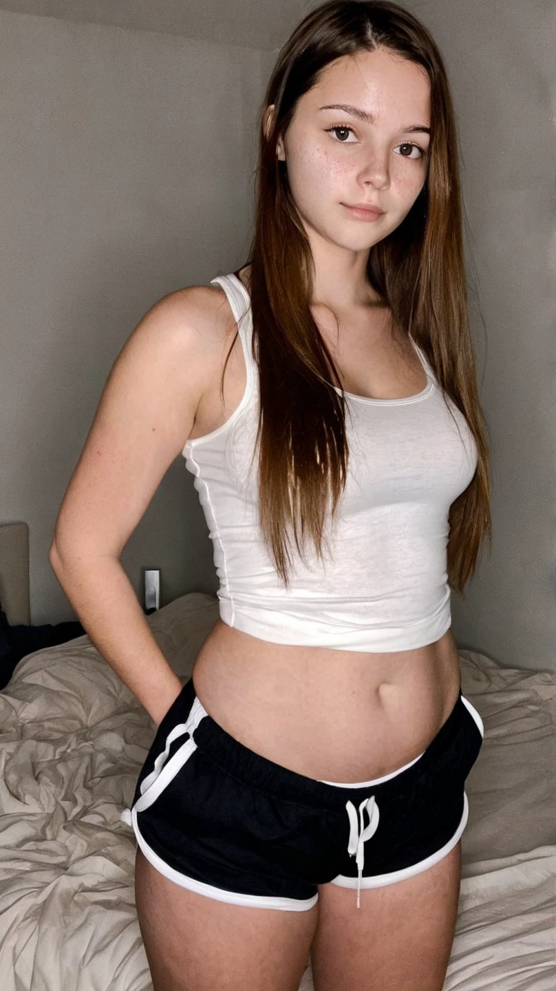 Beautiful redhair girl, wearing mens boxers and top , on bedroom, thick girl