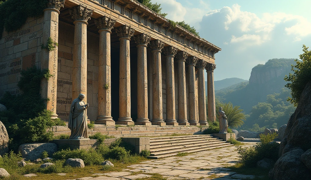 Generate for me now images of an ancient temple with Roman writing on the ancient walls 