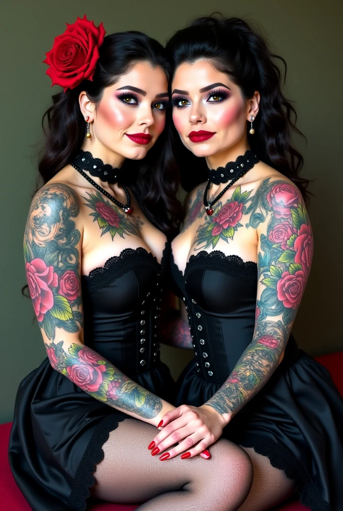 Photography in a bright studio, with a white wall in the background and marble floors. Detailed and realistic representations of Snow White, full body, hourglass style, radiating a distinct pin-up style, extremely sexy. Dressed in , sandals and stiletto heels, their outfits reflect the iconic colors of their traditional costumes, ensuring they are instantly recognizable as their respective characters. Although the classic features are present, the pin-up talent is undeniable. Artistic tattoos add a contemporary touch. Their postures and expressions, combined with their pin-up outfits, create a fusion of classic Disney and vintage allure.