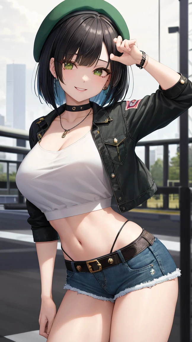woman, 26 years old, short hair, perfect hands, perfect fingers, perfect body, sensual cleavage, medium breasts, red shirt, wearing tight black shorts, sexy shorts, vinyl shorts, Ultra HD, 4k image, best image quality, ( fidelity: 1.4), photoreal, light green eyes, eyelashes, beautiful pupil, shadows, slight blush, delicate facial features, reasonable facial features, exposed waist, natural poses