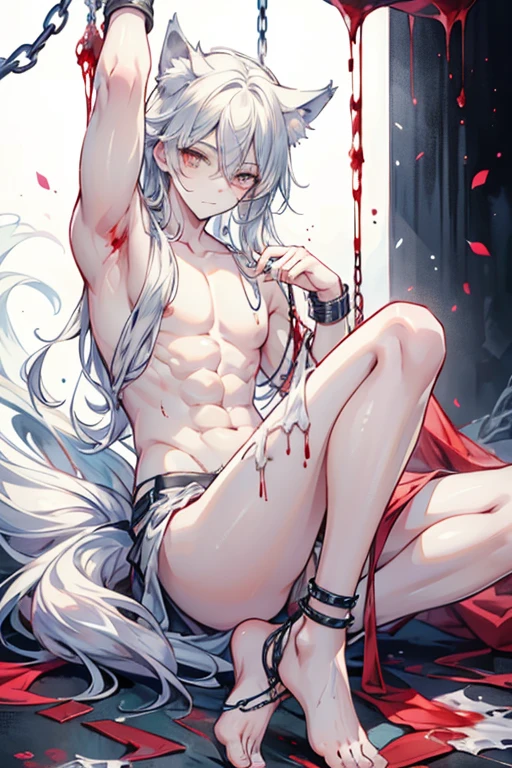 ((Detailed eyes, Shining eyes:1.2))beautiful eyes{best quality}, {very aesthetic}, {ultra-detailed}, {best illustration}, nsfw,{{1boys}}spread legs,Expanding the anus,boy,Tsurime Eyes,look at viewer,silver long hair, anal, man, penis,Squat with your legs apart,Fox ears,cute boy,eyes hidden by hair,Completely naked,Expanding the anus,Anal bulge,cum on ass,cum in ass,Cum in anus,open mouth,handcuffs,Long Bangs,thirties,Hands behind back,The penis is visible before erection,I can see the anus expanding,((penis in ass)),penis in Anal,((cum in ass)),drooling,blushing
