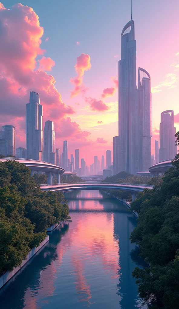 Futuristic city with different colored skies, harmonious and peaceful. High resolution, 