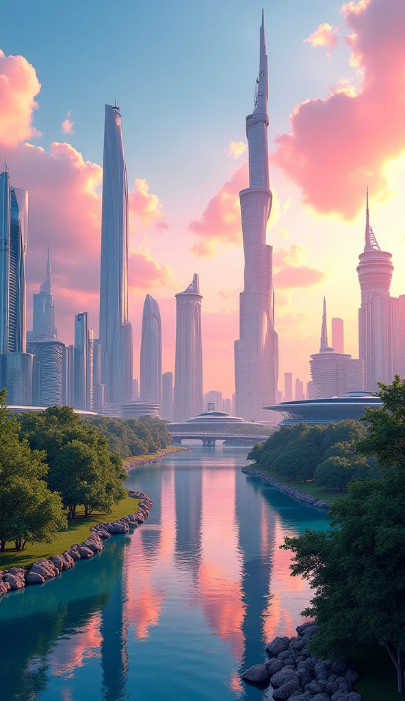 Futuristic city with different colored skies, harmonious and peaceful. High resolution, 