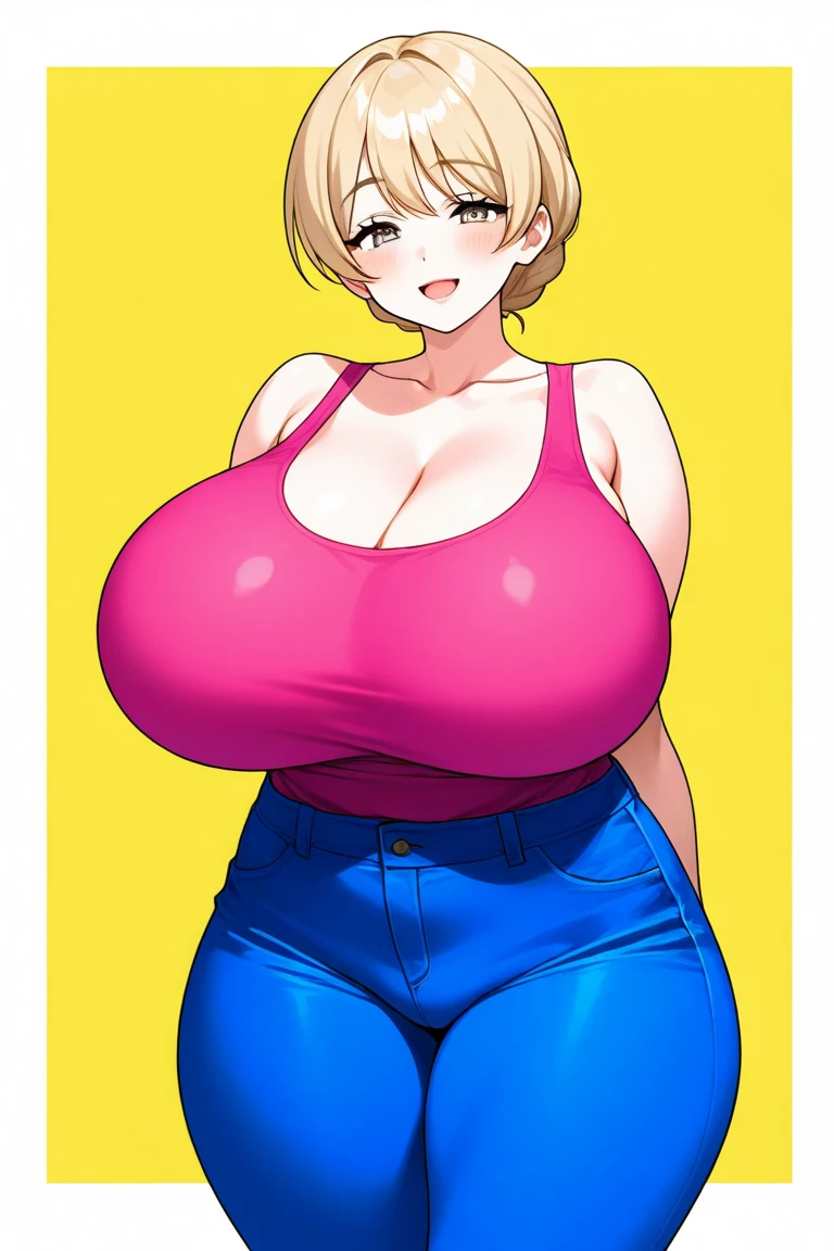 panchy, closed eyes, ,orange shirt, strapless, belt, blue pants,, midriff, belt, outdoors,, big tits, smile, sidewalk,huge breasts, nsfw, shirtlift