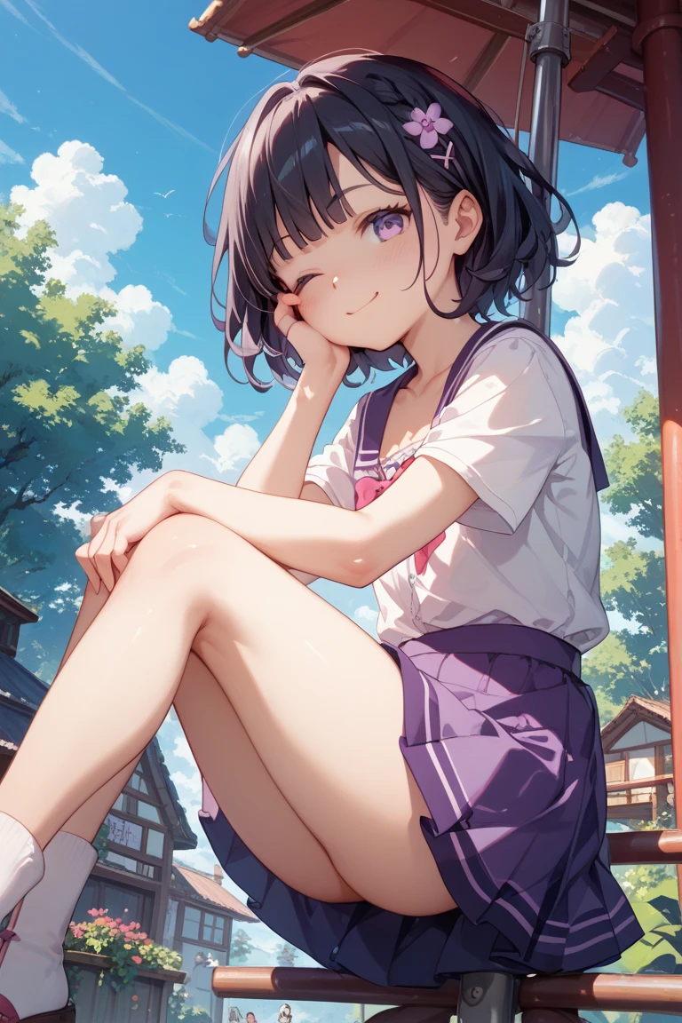 (Highest quality, High resolution,  Masterpiece, 4K), (Soft light、Luster of hair、Beautiful eyes)、young woman、The whole body is visible、Adorable smile、 ((Wavy medium short hair, bangs, Chestnut Hair)), ((Wistful eyes、Gray Eyes, Perfect Eyes)), ((Detailed face, blush:1.1)), ((Smooth texture:0.75, Realistic texture:0.65, Realistic:1.1, Anime CG Style)),Medium chest、Dynamic Angle、A body with just the right amount of flesh、(Sexy thighs、I see beautiful legs)、(Purple cardigan、Checkered Skirt)、Earrings、Angle from the front、Peeking into this、The hem of the top is visible、Angle from below、Meeting up for a date、garden、squat