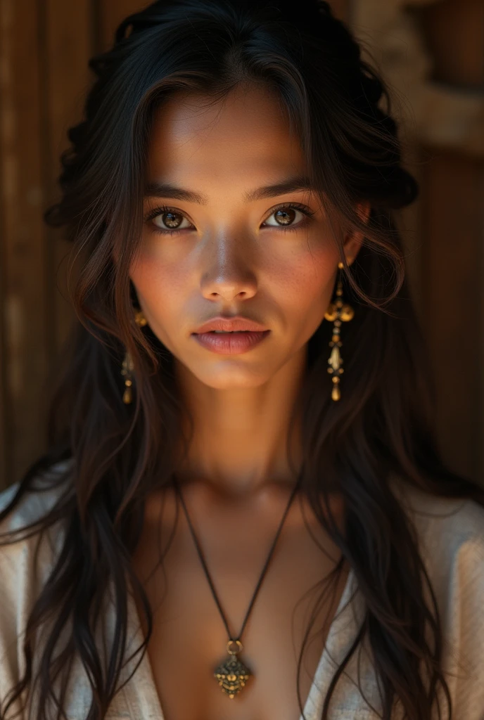 Une jeune personne avec une expression sérieuse ou concentrée. Elle a de longs cheveux bruns ondulés. Elle a un teint marron clair, des yeux foncés et un visage doux. Elle a un pendentif en or. Elle a un nez plat. D'origine franco-khmer. Dans un style poupé dans un coffret
