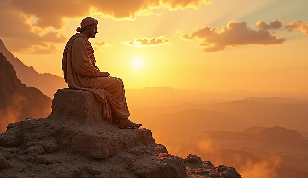 A minor prophet, dressed in traditional attire, seated on a rock, looking at the horizon under a dramatic sunset sky. The warm colors of the sky contrast with the shadows of the rock. The prophet&#39;s expression conveys wisdom and reflection.