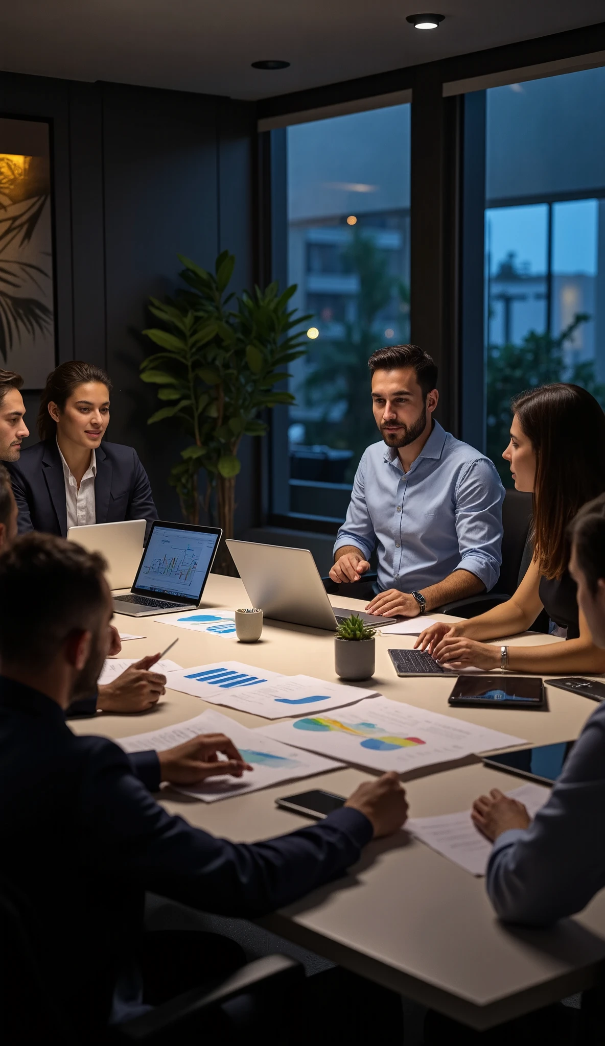 A group of Brazilian business consultants, including a 30-year-old Brazilian man, meeting with a client in a modern corporate office at night, under soft and professional artificial lighting. They are seated around a sleek conference table, analyzing printed documents and digital data on laptops and tablets. The consultants and the client are engaged in a serious and focused strategic discussion. Everyone is dressed in stylish business attire. The scene is lit by warm overhead office lighting, with additional highlights from computer screens and ambient LED accents, creating a sophisticated corporate atmosphere. High resolution, masterpiece, best quality, intricate details, ultra realistic, photorealistic, sharp focus, realistic lighting, artificial light, detailed skin, detailed fabric texture, 35mm photography, kodak vision color, cinematic, shallow depth of field, photo_ultra, 8K UHD, dynamic shadows, raw, real life, high detail, professional, conference room at night.