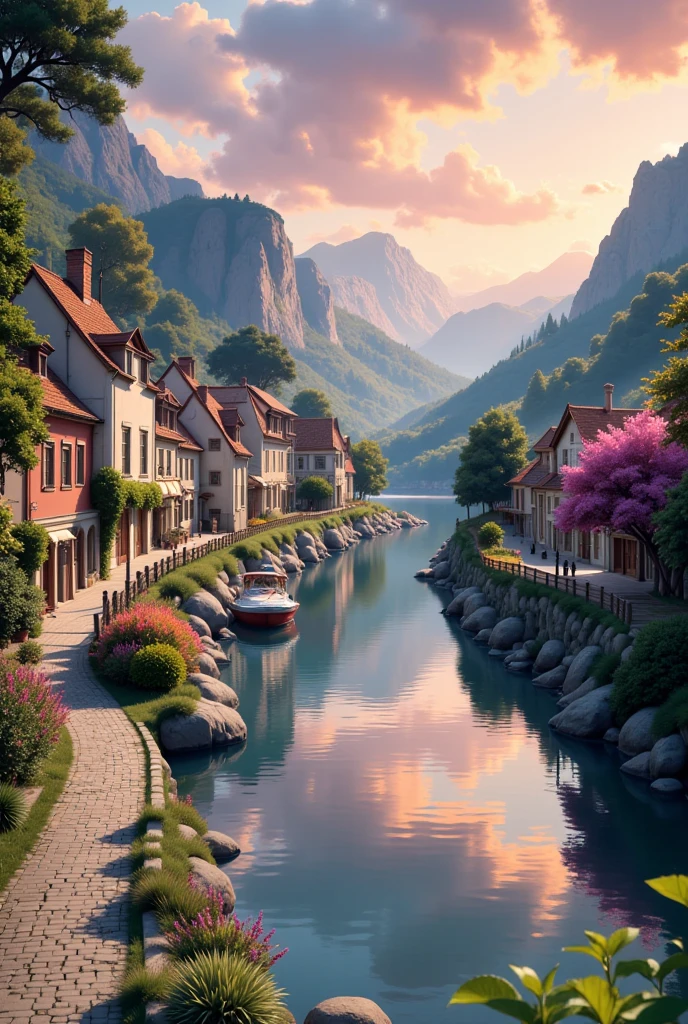 A small town by the river, mountains in the background, colorful floral flowers, detailed landscape, beautiful natural landscapes, atmospheric lighting, scorching sunset, warm colors, practical, photographic, detailed foliage, complex buildings, cobblestone street, charming country house, vibrant colors, lush vegetation, reflections in the water, picturesque, idyllic, artwork, best quality, 8K, colors, anime style