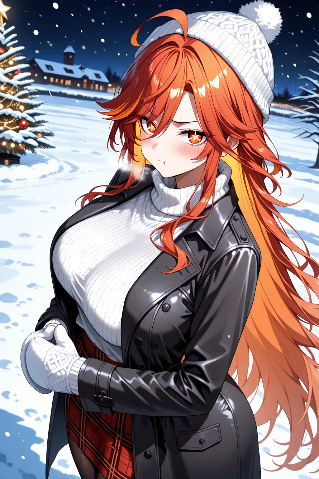 masterpiece, best quality, <lora:lorelei-nvwls-v1-000009:0.9> lgpeLorelei, red hair, ahoge, glasses, formal, black suit, cleavage cutout, black skirt, pantyhose, large breasts, wariza, on ground, high heels, from above, snow, looking at viewer, furrowed brow, clenched teeth