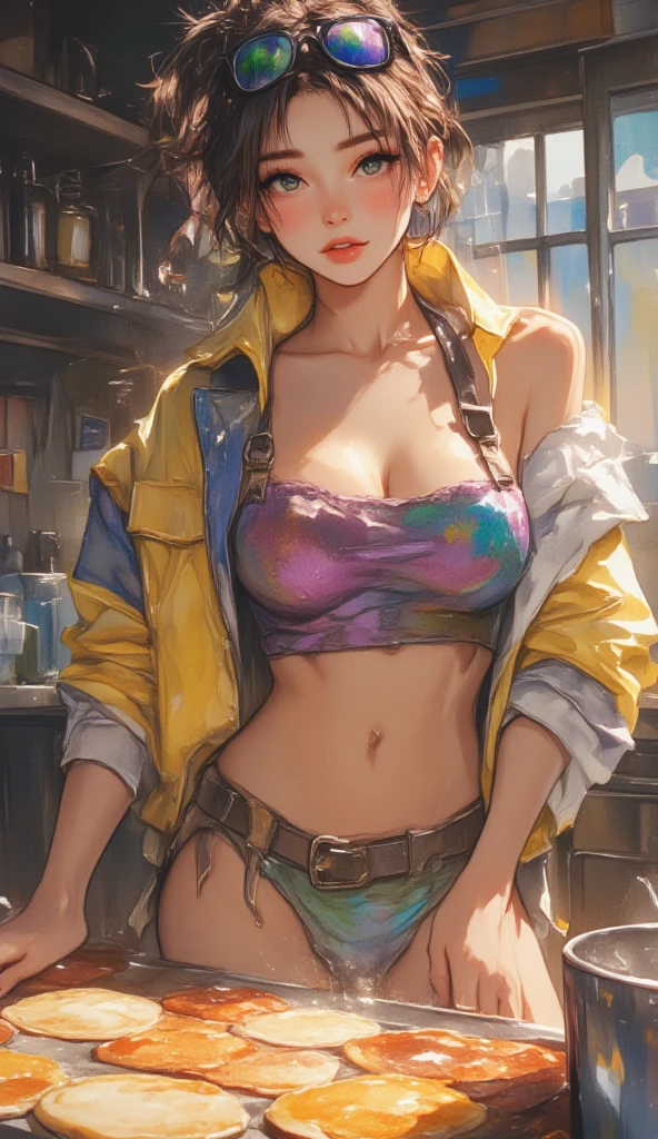 motor ilusorio:1.4,CG K ultrarrealista,Fotorrealista:1.4,Textura de la piel:1.4,obra maestra:1.4,Beautiful woman in doll's underwear、Cyberpunk style yellow shorts,Medias rojas,minifalda azul,erotic lace,tetas grandes, labios grandes y jugosos, muslos gruesos y jugosos