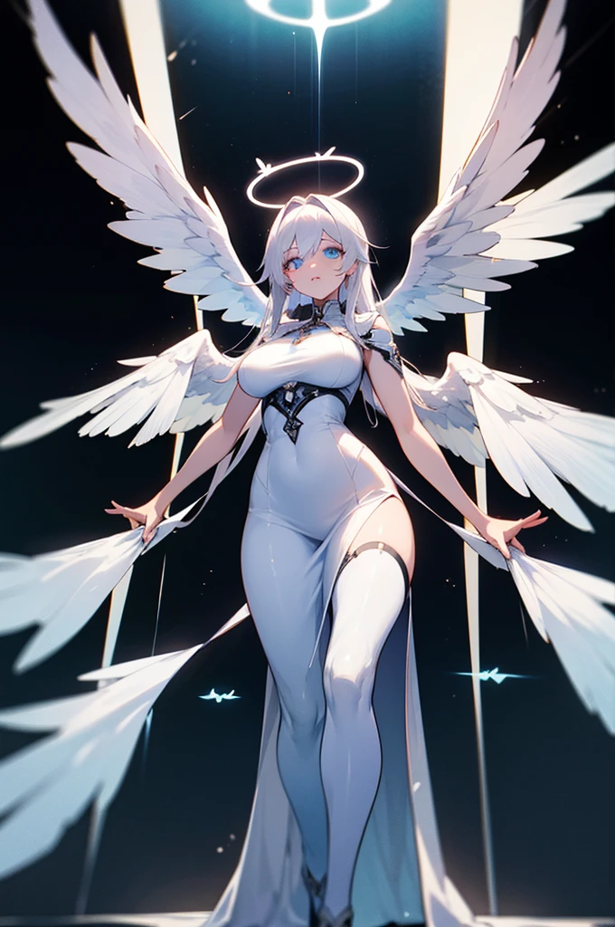 gray eyes, white hair, dark skin, lascivious look, muscular, very voluptuous, full body, big legs, very small waist, huge breasts, very lascivious, angel costume