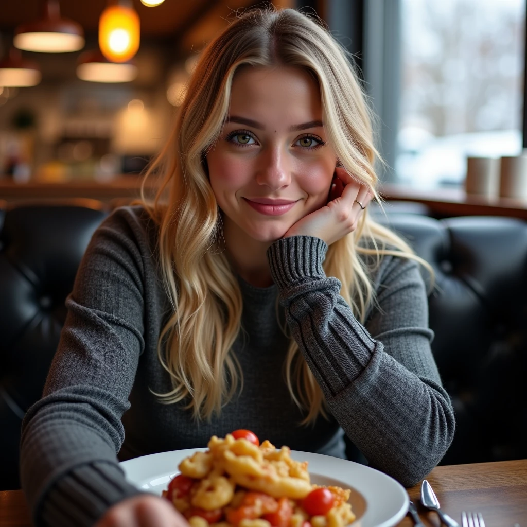 sitting in a restaurant and eating, young and cute face, chubby, cute smile, best quality, Meisterwerk, Realistisches Foto, Komplizierte Details, RAW-Foto, Ultra-detailliert, blondes haar, cute face, Körpchengröße B, blondes Haar, perfekte und blaue Augen, HD quality, 8K, young woman, 20 Jahre alt